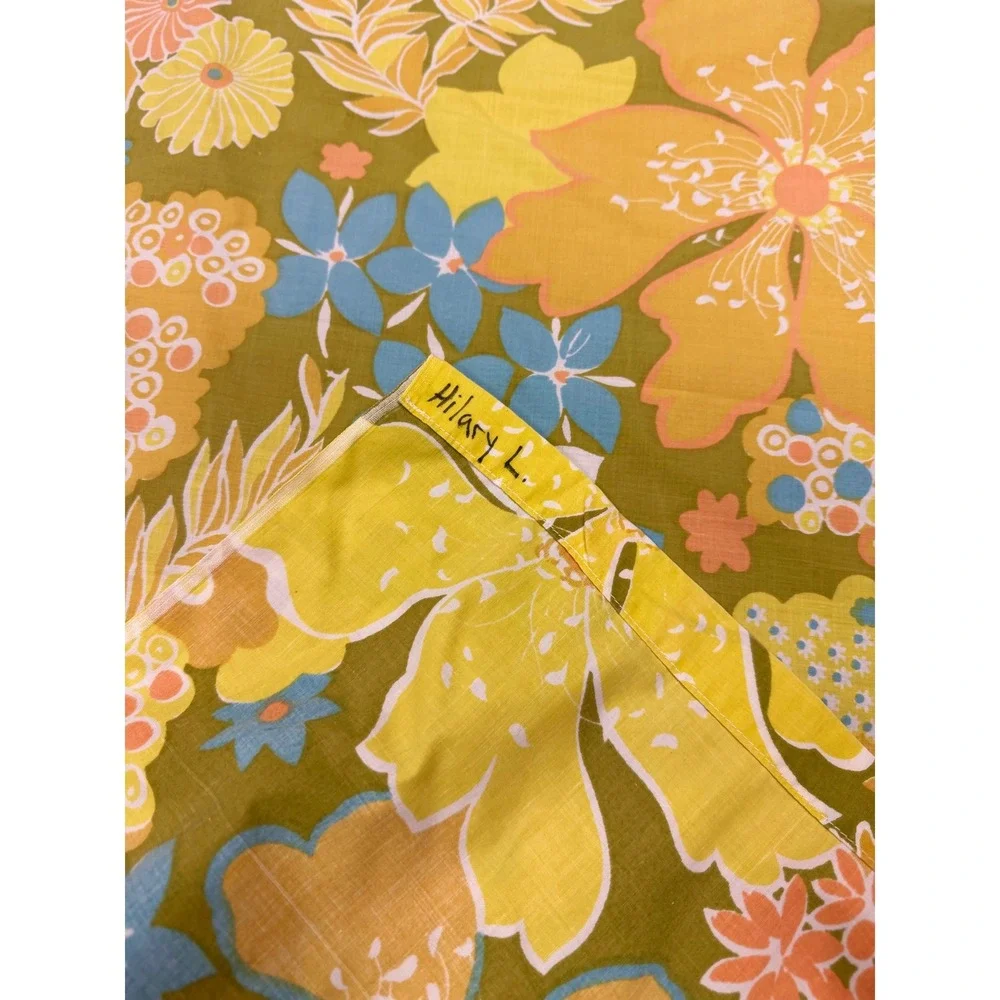 Vintage Peouot Groovy 70s Floral Print Twin Flat Sheet Orange Yellow Blue